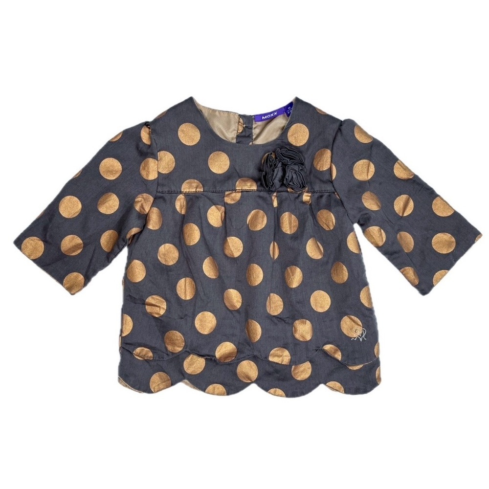 Gray Gold Polka Dot Shirt Toddler Girl Size 12 - 18 Months Scalloped Hem Twee